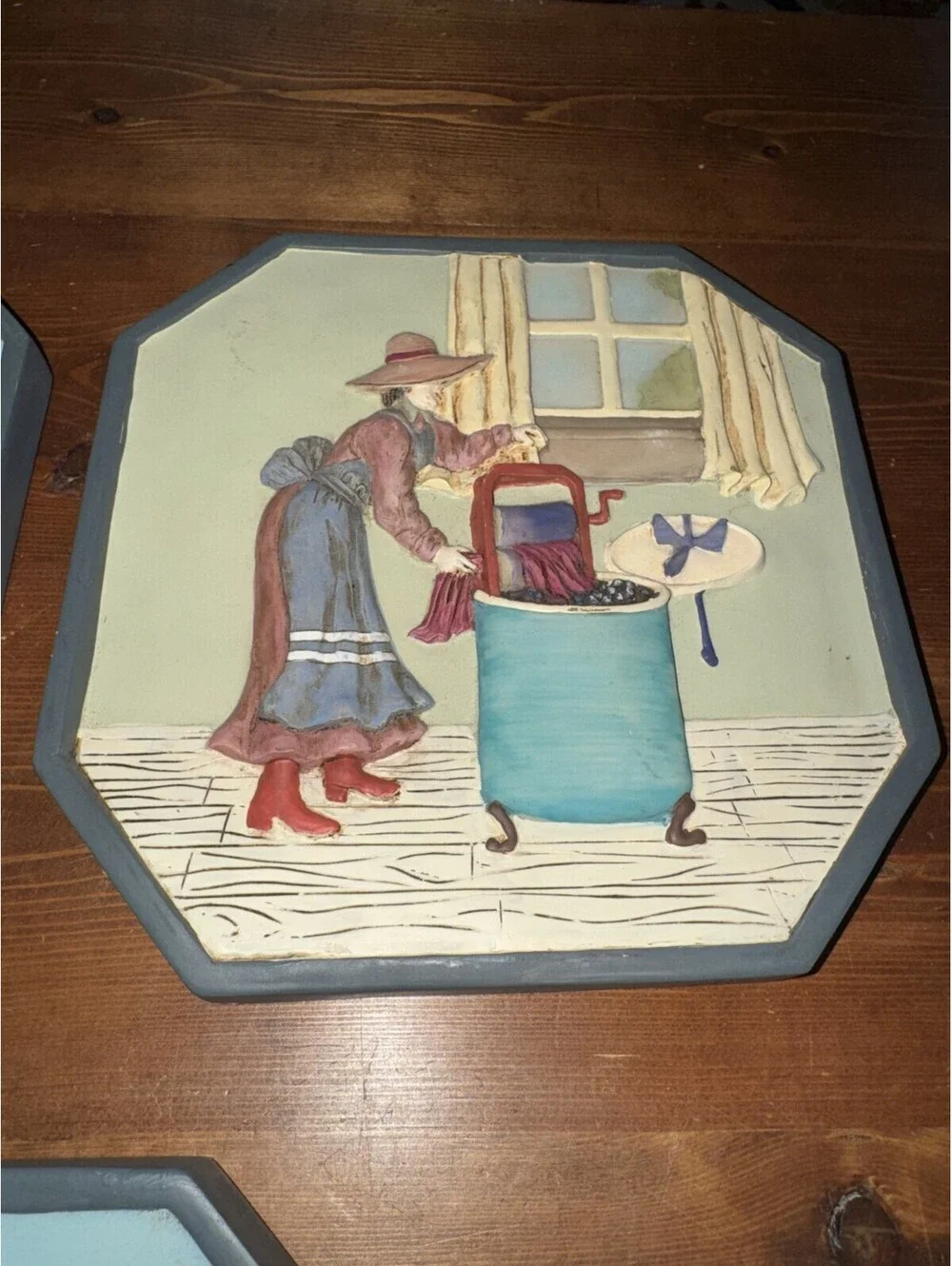 VTG 3D Wall Hanging Lot Laundry Scenes Octagon Home Decor Washing Clothing Theme